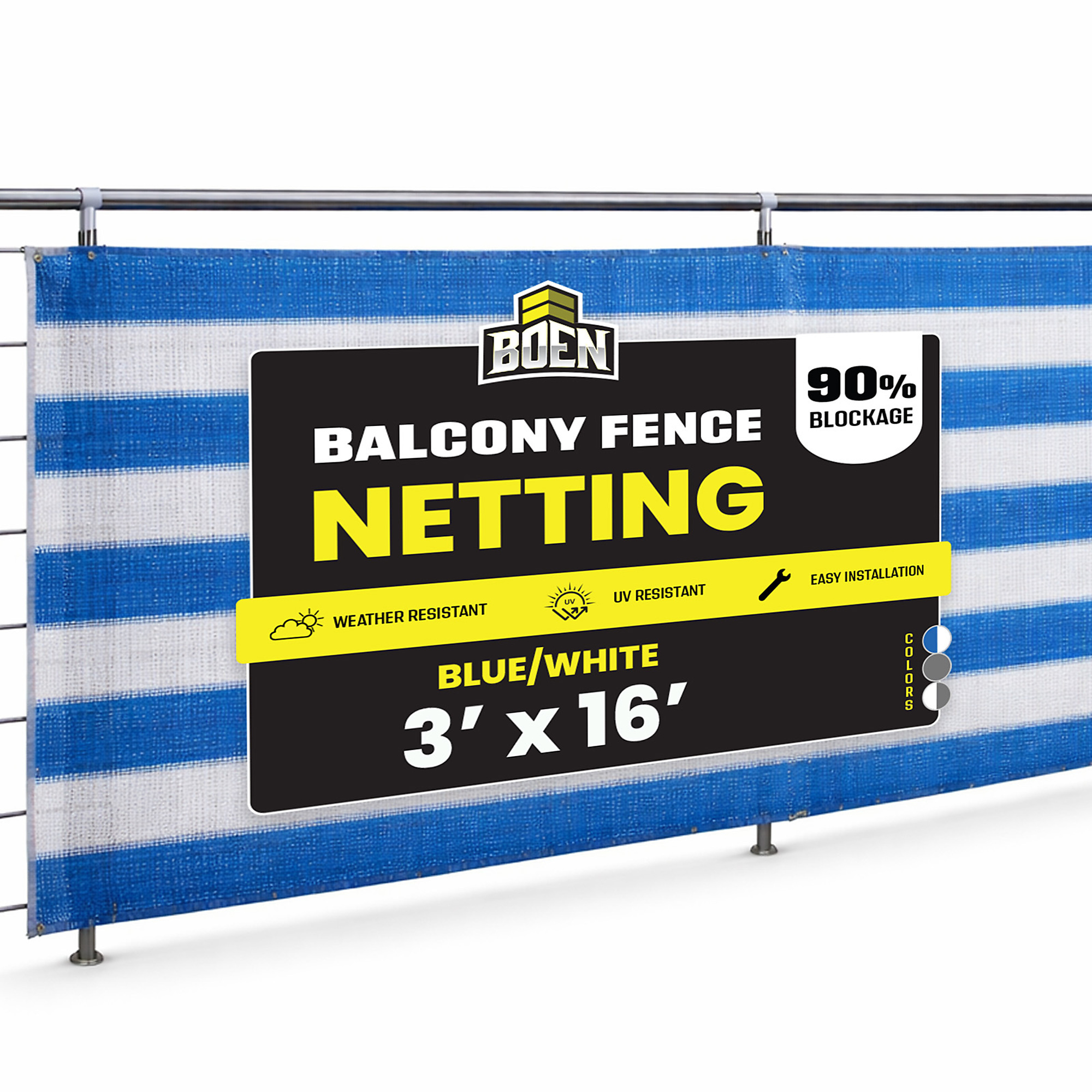 Boen Blue/White Balcony Privacy Screen, 3 ft x 16 ft, Fence Windscreen Cover UV Protection Weather-Resistant Mesh Cloth Shade Netting with Grommets for Patio, Backyard, Deck, Outdoor Porch, Railing